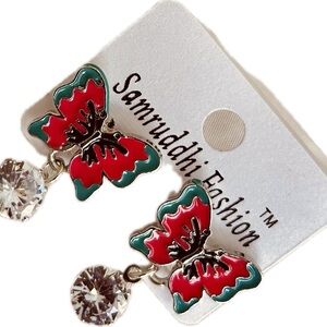Red & Green Butterfly Enamel Rhinestone Crystal Fashion Drop Dangle Earrings